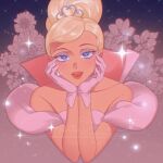  1girl bare_shoulders blonde_hair blue_eyes bouffant charlotte_la_bouff costume disney dress earrings flower gloves hair_bun hands_on_own_face highres jewelry off-shoulder_dress off_shoulder okitafuji open_mouth pink_background pink_dress pink_lips princess seductive_smile smile sparkle the_princess_and_the_frog tiara updo 