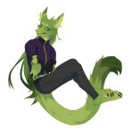  absurd_res anthro black_bottomwear black_clothing black_pants bottomwear clothed clothing corzh77 crossed_arms dragon fangs female full-length_portrait fur furred_dragon green_body green_fur green_inner_ear_fluff hi_res inner_ear_fluff jacket looking_at_viewer pants portrait pupils purple_clothing purple_eyes purple_jacket purple_topwear simple_background slit_pupils solo topwear tuft white_background 