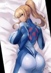  1girl absurdres ass bangs blonde_hair blue_bodysuit blue_eyes bodysuit covered_nipples cowboy_shot hair_ribbon highres impossible_bodysuit impossible_clothes long_hair looking_at_viewer looking_back metroid on_bed ponytail ribbon samus_aran sidelocks skin_tight solo sowel_(sk3) zero_suit 