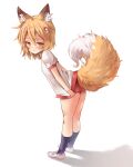  1girl animal_ear_fluff animal_ears ass bangs blonde_hair blush buruma embarrassed fox_ears fox_girl fox_tail from_side full_body gym_shirt gym_uniform hair_between_eyes hair_ornament kneehighs looking_back medium_hair natsushima_memo senko_(sewayaki_kitsune_no_senko-san) sewayaki_kitsune_no_senko-san shirt shirt_tug shoes simple_background socks solo standing tail white_background white_footwear yellow_eyes 