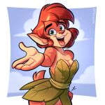  2022 activision anthro clothed clothing cloud elora faun_(spyro) female grass_skirt green_eyes hair hi_res open_mouth psicoyote reaching_towards_viewer red_hair short_hair signature smile solo spyro_the_dragon video_games 