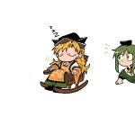  2girls black_headwear blonde_hair chair green_eyes green_skirt hat highres iampenguinj long_hair looking_at_another matara_okina multiple_girls peeking_out rocking_chair short_hair_with_long_locks simple_background sitting skirt sleeping tabard tate_eboshi teireida_mai touhou white_background zzz 