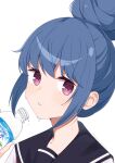  bangs blue_hair bottle close-up drink dripping fanbox_username hair_bun highres holding holding_bottle holding_drink hot looking_at_viewer nekosination parted_lips pink_eyes sailor_collar school_uniform serafuku shima_rin sidelocks simple_background single_hair_bun suntory sweat water_bottle white_background yurucamp 