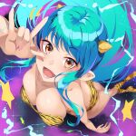  1girl absurdres animal_print bikini blue_hair breasts highres horns long_hair looking_at_viewer lum mukunokino_isshiki oni_horns open_mouth smile strapless strapless_bikini strapless_swimsuit swimsuit teeth tiger_print urusei_yatsura 