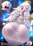  1girl absurdres ass ass_focus bangs boo_(mario) breasts crown dress earrings enmanuelart20 ghost ghost_tail highres huge_ass jewelry large_breasts long_hair looking_at_viewer luigi&#039;s_mansion mario_(series) new_super_mario_bros._u_deluxe pale_skin pointy_ears princess_king_boo red_eyes sharp_teeth sidelocks smile super_crown teeth white_dress white_hair 