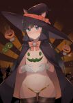  1girl animal_ears asashio_(kancolle) black_cape black_hair black_headwear black_thighhighs blue_eyes blush brown_background cape cat_ears cat_tail closed_mouth cowboy_shot flat_chest gloves halloween halloween_costume hat kantai_collection long_hair navel shin_(new) solo tail thighhighs white_gloves witch_hat 