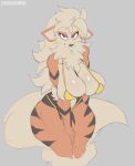  anthro arcanine biped blue_eyes breasts clothed clothing cooliehigh female generation_1_pokemon glistening glistening_breasts grey_body looking_at_viewer nintendo orange_body pokemon pokemon_(species) simple_background skimpy solo thick_thighs video_games 