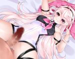  1boy 1girl black_hairband censored closed_mouth elsword eternity_winner_(elsword) hairband hetero imminent_penetration laby_(elsword) long_hair looking_at_viewer lying mosaic_censoring on_back penis pillow pillow_grab pink_eyes pink_hair shorts smile spread_legs sula_(s_ra760) white_shorts 