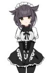  1girl alternate_costume apron black_bodysuit black_dress blush bodysuit brown_eyes brown_hair cowboy_shot dress enmaided hair_flaps hatsuzuki_(kancolle) highres kantai_collection maid maid_apron maid_headdress open_mouth sayuwan short_hair short_sleeves simple_background solo waist_apron white_apron white_background white_dress 