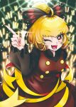  1girl black_bow black_shirt blonde_hair blush bow brown_dress brown_eyes brown_nails dress fingernails hair_bow highres index_finger_raised kurodani_yamame long_hair long_sleeves nail_polish one_eye_closed open_mouth ponytail shirt smile solo tokatokato touhou 