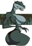  anthro big_breasts big_butt black_clothing black_lingerie black_thong black_underwear breasts butt claws clothing dinosaur dromaeosaurid eyelashes female female/female forest forest_background green_eyes grey_body hi_res lingerie looking_seductive nature nature_background nipples plant pose presenting presenting_hindquarters rentressy reptile scalie smile smiling_at_viewer solo teeth_showing theropod thick_eyelashes thick_thighs thong tree underwear velociraptor waist 