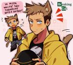  1boy animal_ears artist_name black_shirt blonde_hair blue_eyes breaking_bad cat_boy cat_ears cat_tail ear_piercing earrings english_text highres huyandere jacket jesse_pinkman jewelry male_focus multiple_views piercing pink_background print_shirt profanity shirt short_hair skull_print sweatdrop tail yellow_jacket 