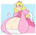  1girl blonde_hair blue_eyes blush breasts cleavage cleavage_cutout clothing_cutout crown earrings elbow_gloves gigantic_breasts gloves highres jewelry kittenboogers mario_(series) nintendo princess_peach solo 