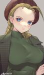  1girl ahoge beret blonde_hair blue_eyes braid breasts cammy_white closed_mouth earrings hat highres houndstooth jewelry long_hair looking_at_viewer murata_tefu scar scar_on_cheek scar_on_face simple_background smile solo street_fighter street_fighter_ii_(series) twin_braids 