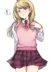  ! 1girl @_@ ahoge akamatsu_kaede blonde_hair breasts closed_mouth danganronpa_(series) danganronpa_v3:_killing_harmony hair_ornament highres long_hair looking_at_viewer musical_note musical_note_hair_ornament necktie pleated_skirt purple_eyes school_uniform simple_background skirt solo sweater_vest tsurui white_background 