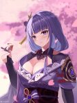 1girl bangs blush breasts bridal_gauntlets cherry_blossoms cleavage flower genshin_impact hair_ornament highres i_ruru japanese_clothes kimono large_breasts long_hair looking_at_viewer obi purple_eyes purple_flower purple_hair raiden_shogun sash solo 