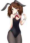  1girl animal_ears black_leotard black_pantyhose blush brown_eyes brown_hair collarbone cowboy_shot detached_collar fake_animal_ears fishnet_pantyhose fishnets highres kantai_collection leotard long_hair motti_(motthi0711) pantyhose parted_lips rabbit_ears ryuujou_(kancolle) simple_background solo strapless strapless_leotard twintails white_background wrist_cuffs 