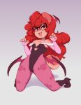  2022 anthro breasts capcom chipmunk clothed clothing cosplay darkstalkers eyewear female glasses ground_squirrel hair hi_res jam_(miu) kneeling lilith_aensland mammal miu open_mouth open_smile red_hair rodent sciurid simple_background smile solo tree_squirrel video_games 