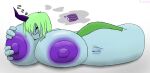  areola bedding big_areola big_breasts big_nipples blanket blue_body blue_skin breast_squish breasts dream eyes_closed female genitals green_hair hair hair_over_eyes hi_res horn huge_breasts humanoid lying monstrous_humanoid nipples not_furry nude phil_sux pillow purple_nipples pussy shyora_(phil_sux) simple_background sleeping smile solo sound_effects squish text thought_bubble wide_hips zzz 