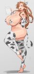  1girl animal_ears animal_print ass bikini bottomless braid breasts brown_hair cow_ears cow_girl cow_horns cow_print cow_tail cup curvy drinking_glass elbow_gloves facial_mark forehead_mark gloves highres horns huge_breasts long_hair looking_at_viewer micro_bikini milk original pointy_ears single_braid solo stormcow swimsuit tail thighhighs 
