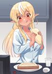  1girl blonde_hair breasts cleavage cup dark-skinned_female dark_skin drinking_glass egg elf food hololive licking_lips long_hair mayonnaise orange_eyes partially_unbuttoned pointy_ears shiranui_flare shirt smile tadano_nepi toast tongue tongue_out virtual_youtuber white_shirt 