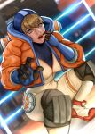  1girl absurdres apex_legends bangs blonde_hair blue_bodysuit blue_eyes blue_gloves bodysuit breasts electricity english_commentary gloves highres hood hooded_jacket jacket knee_pads medium_breasts open_hand open_mouth orange_jacket shoes sneakers solo squatting surprised vile_(vile_jp) wattson_(apex_legends) white_bodysuit white_footwear 