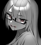  1girl bangs blood blood_from_mouth eyelashes from_side glasses head_tilt highres long_hair looking_at_viewer looking_to_the_side mole mole_under_eye monochrome original parted_lips portrait semi-rimless_eyewear simple_background sketch smirk solo spot_color straight_hair under-rim_eyewear xxkakubixx 