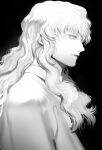  1boy absurdres androgynous artist_name berserk black_background buzz_(bc_1000000) closed_mouth greyscale griffith_(berserk) highres long_hair male_focus monochrome simple_background solo wavy_hair white_hair 