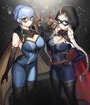  2girls absurdres ahoge bangs black_cape black_footwear black_gloves blue_bodysuit blue_eyes blue_hair bodysuit boots braid breasts cape capelet cleavage commission commissioner_upload crystal_earrings dhokidoki earrings eye_mask fire_emblem fire_emblem:_three_houses fire_emblem_fates fire_emblem_heroes gloves grey_eyes highres hood hood_up hooded_cape jewelry large_breasts leather long_hair low_twin_braids marianne_von_edmund medium_breasts multiple_girls nina_(fire_emblem) non-web_source o-ring official_alternate_costume parted_bangs red_capelet simple_background skin_tight thigh_boots turtleneck twin_braids two-tone_bodysuit two-tone_cape white_hair yellow_cape 