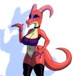  1:1 anthro avioylin bedroom_eyes big_breasts breasts choker cleavage clothed clothing covered_breasts female genitals hi_res horn jewelry kobold legwear looking_at_viewer narrowed_eyes necklace partially_clothed pussy rubber seductive solo standing thick_thighs thigh_highs tongue tongue_out 
