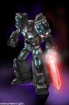  2000s_(style) absurdres black_background clenched_hand decepticon english_commentary highres holding holding_sword holding_weapon looking_down makoto_ono mecha nemesis_prime no_humans purple_background red_eyes robot science_fiction solo standing sword transformers transformers_car_robots two-tone_background weapon 