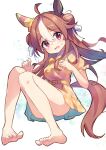  1girl ahoge animal_ears barefoot blush brown_hair commentary_request copano_rickey_(umamusume) dress ear_covers full_body haemori_ako hair_between_eyes highres horse_ears horse_tail legs long_hair looking_at_viewer multicolored_hair open_mouth red_eyes solo streaked_hair tail toes umamusume white_hair yellow_dress 