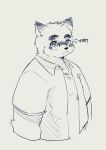  2022 anthro aru7g canid canine clothing eyewear glasses hi_res japanese_text kemono kounosuke_(morenatsu) male mammal morenatsu overweight overweight_male raccoon_dog shirt simple_background solo tanuki text topwear video_games visual_novel 