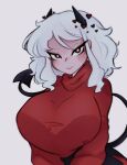  1girl black_horns black_skirt black_tail blush breasts bxbyglossie cropped_legs curvy demon_girl demon_horns demon_tail heart heart-shaped_eyes helltaker horns huge_breasts large_breasts looking_at_viewer modeus_(helltaker) red_eyes red_sweater skirt solo sweater tail thighs turtleneck turtleneck_sweater upper_body wavy_mouth white_background white_hair 