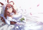  1girl absurdres animal_ears blue_eyes bouquet breasts bridal_veil bride brown_hair dress elbow_gloves flower gloves hair_between_eyes highres holding holding_bouquet horse_ears horse_girl horse_tail kazumasa_ken large_breasts long_hair lying mihono_bourbon_(umamusume) on_back petals pink_flower solo tail umamusume veil wedding_dress white_dress white_gloves white_veil 