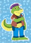  2021 alligator alligatorid anthro biped bottomwear brok_(character) brok_the_investigator clothing crocodilian green_body hat headgear headwear hi_res magnifying_glass mirai_geijutsu pants reptile scalie shirt solo topwear video_games 