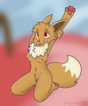  5:6 anthro blush breasts brown_body brown_fur dipstick_tail eevee eeveelution female fur generation_1_pokemon genitals hi_res looking_at_viewer mammal markings nintendo paws pokemon pokemon_(species) presenting pussy smile solo stretching tail_markings video_games vixeyhuskybutt_(artist) 