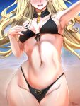  10kaa 1girl absurdres alternate_costume arm_up armpits beach bikini black_bikini black_choker blonde_hair blush choker earrings ereshkigal_(fate) fate/grand_order fate_(series) hand_on_own_chest head_out_of_frame highleg highleg_bikini highres hoop_earrings infinity jewelry long_hair open_mouth skull skull_collar solo stomach swimsuit 