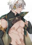  2boys abs alhaitham_(genshin_impact) archieloras bandaid bandaids_on_nipples genshin_impact green_eyes grey_hair hair_over_one_eye highres jewelry male_focus multiple_boys muscular muscular_male nipples pasties short_hair shoulder_cape 