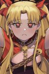  1girl angelicelfy assertive_female black_tiara blonde_hair blush breasts brown_sash cleavage cloak earrings ereshkigal_(fate) face-to-face fate/grand_order fate_(series) frown hair_ribbon heart heart-shaped_pupils highres hoop_earrings jewelry kabedon_on_viewer long_hair looking_at_viewer red_cloak red_eyes red_ribbon ribbon sash skull skull_collar skull_ornament solo spine symbol-shaped_pupils twintails 