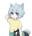  1girl animal_ears arm_behind_head arm_up bangs blue_eyes blush commentary_request commission green_pants grey_hair hair_between_eyes horse_ears looking_at_viewer nozo_(hitomiz) pants seiun_sky_(racehorse) seiun_sky_(umamusume) shirt short_sleeves simple_background skeb_commission solo stuffed_animal stuffed_horse stuffed_toy umamusume white_background yellow_shirt 