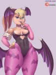 2022 3:4 anthro artist_name bedroom_eyes breasts capcom cleavage clothed clothing cosplay crossover crossover_cosplay darkstalkers female halloween hi_res holidays lagomorph leporid lola_bunny looney_tunes mammal morrigan_aensland mr-shin narrowed_eyes patreon patreon_logo rabbit seductive simple_background solo thick_thighs tongue tongue_out video_games warner_brothers wings year 