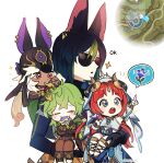  2boys 2girls animal_ear_fluff animal_ears animal_hat bangs black_gloves black_hair black_headwear blush bug closed_eyes collei_(genshin_impact) cyno_(genshin_impact) dark-skinned_male dark_skin dodo_t earrings flower fox_boy fox_ears genshin_impact gloves green_hair hair_between_eyes hat highres jewelry long_hair multicolored_hair multiple_boys multiple_girls mushroom nilou_(genshin_impact) open_mouth parted_lips pointing red_eyes red_hair scarab simple_background single_earring sparkle sunglasses tighnari_(genshin_impact) twitter_username white_background white_hair zzz 