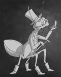  2022 3_fingers 4_legs antennae_(anatomy) anthro arthropod black_and_white bow_tie cane clothed clothing digital_media_(artwork) eyewear fingers footwear glasses hat headgear headwear holding_cane holding_object low_res male mirror monochrome pursuitsnail shaded shoes side_view solo suit top_hat 