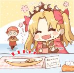  1boy 1girl apron archer_(fate) aruti black_tiara blonde_hair blush blush_stickers chibi cloak closed_eyes cookie cup earrings eating ereshkigal_(fate) fate/grand_order fate_(series) flower food gold_trim hair_ribbon hoop_earrings jewelry long_hair note open_mouth plate red_apron red_cloak red_headwear red_ribbon ribbon skull smile tissue tissue_box translation_request 