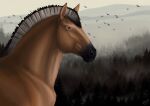  alexandradane amber_eyes anatomically_correct arvakr draft_horse equid equine feral fjord_horse fog forest forest_background horse male mammal nature nature_background plant solo tree 