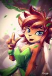  2019 5_fingers activision anthro blue_eyes clothing dated digital_media_(artwork) dress elora faun_(spyro) female fingers gesture green_clothing green_dress hair hi_res leaf lunesnowtail notched_ear plant shaded signature solo spyro_the_dragon tree v_sign video_games 