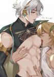  2boys abs absurdres alhaitham_(genshin_impact) archieloras bandaid bandaids_on_nipples blonde_hair genshin_impact green_eyes grey_hair hair_over_one_eye highres jewelry kaveh_(genshin_impact) licking licking_nipple male_focus multiple_boys muscular muscular_male nipples pasties short_hair shoulder_cape tongue tongue_out 