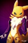  2019 ambiguous_gender anthro armwear bandai_namco biped black_sclera blue_eyes bridal_gauntlets clothing countershading digimon digimon_(species) digital_media_(artwork) fur hi_res looking_at_viewer lunesnowtail mostly_nude pattern_background purple_clothing renamon shaded simple_background solo standing white_body white_countershading white_fur yellow_body yellow_fur 