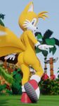  9:16 anthro balls barely_visible_genitalia canid canine clothing footwear fox genitals gloves handwear hi_res looking_at_viewer looking_back male mammal miles_prower mostly_nude palm_tree penis plant sega shoes solo sonic_the_hedgehog_(series) tree twintails3d 